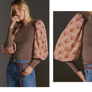 Anthropologie Blnk London Brown Top with Patterned Sleeves